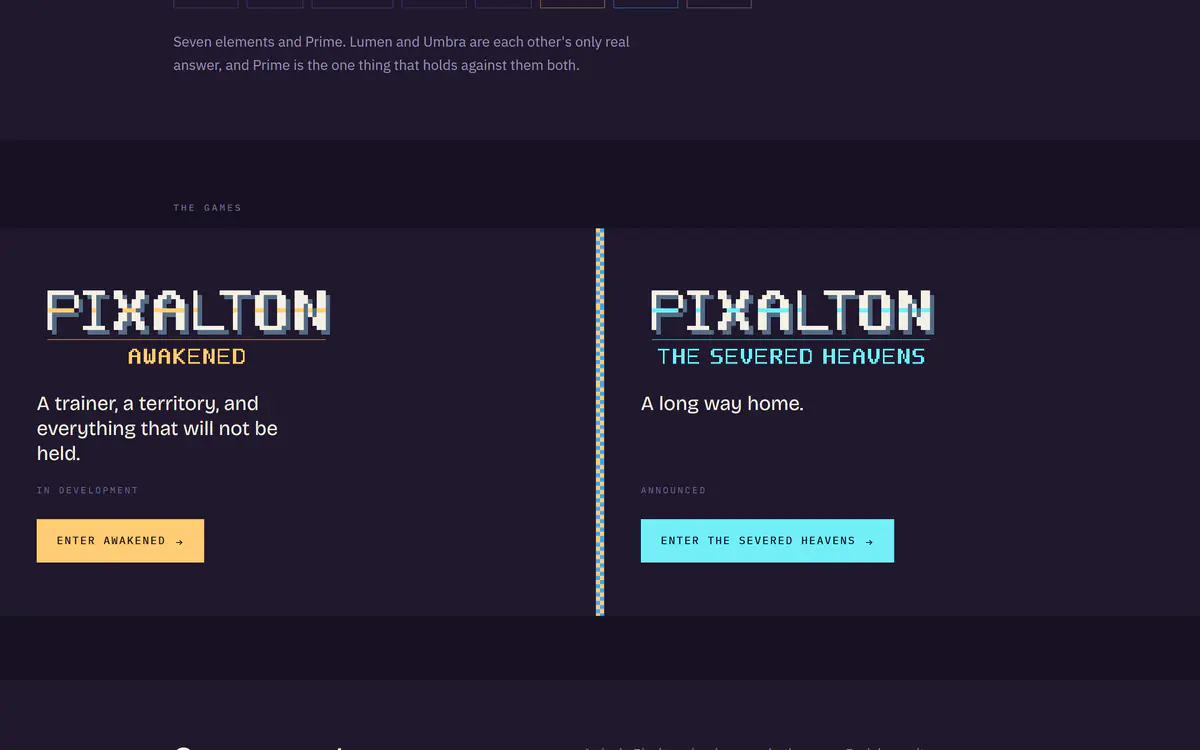 Pixalton portal showing the two game panels for Awakened and The Severed Heavens with their status labels and enter buttons.