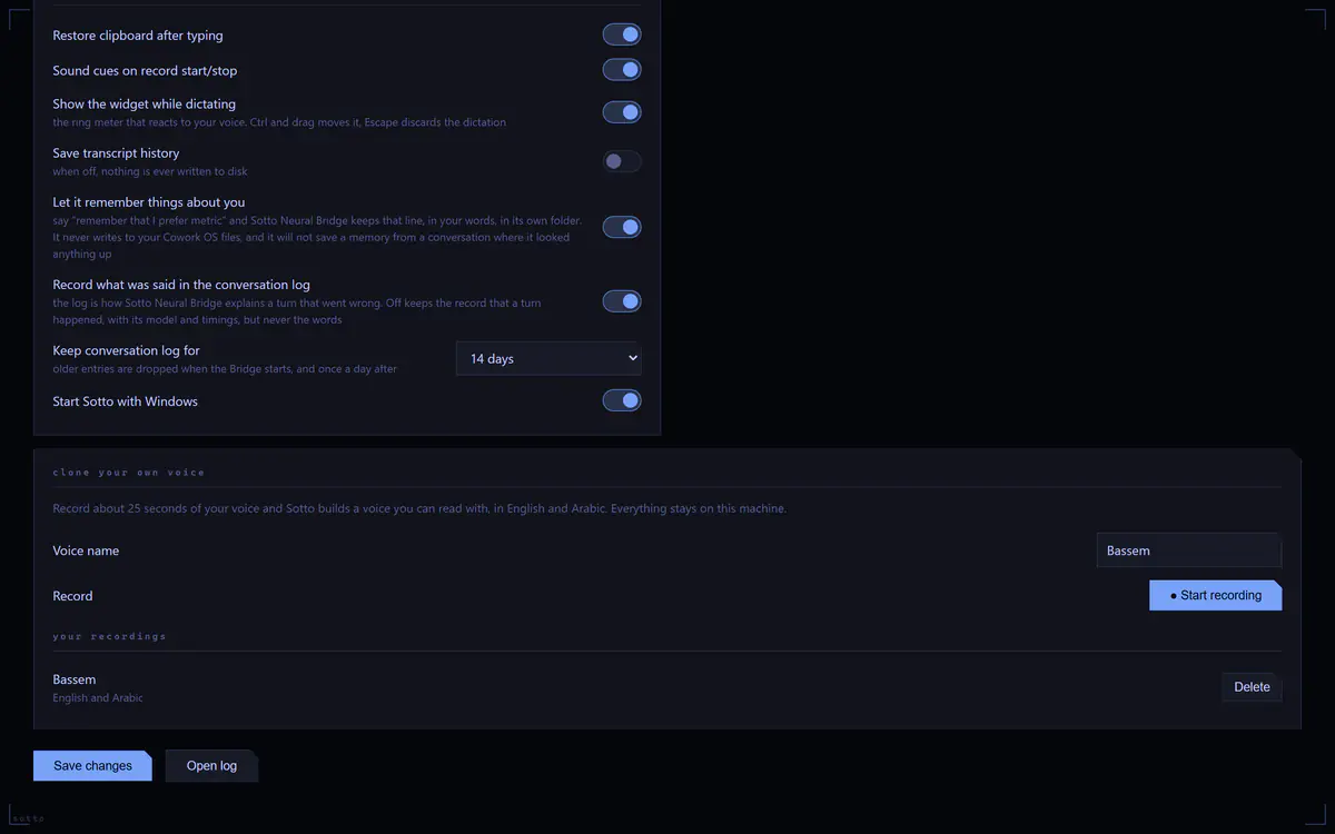 Sotto Console privacy toggles, conversation log retention, and the clone your own voice panel with a saved voice recording and Save changes and Open log buttons.