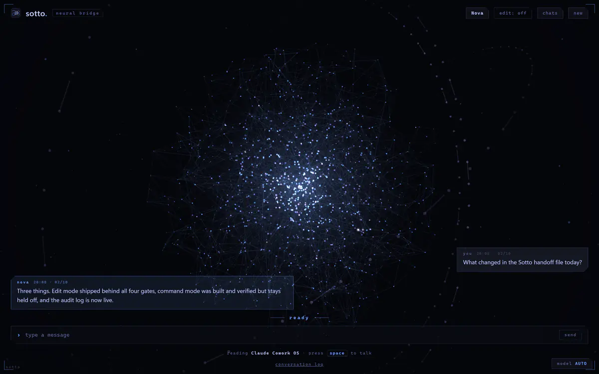Sotto Neural Bridge desktop with a question about the Sotto handoff file and a reply from Nova in a translucent card beside the glowing neural core.
